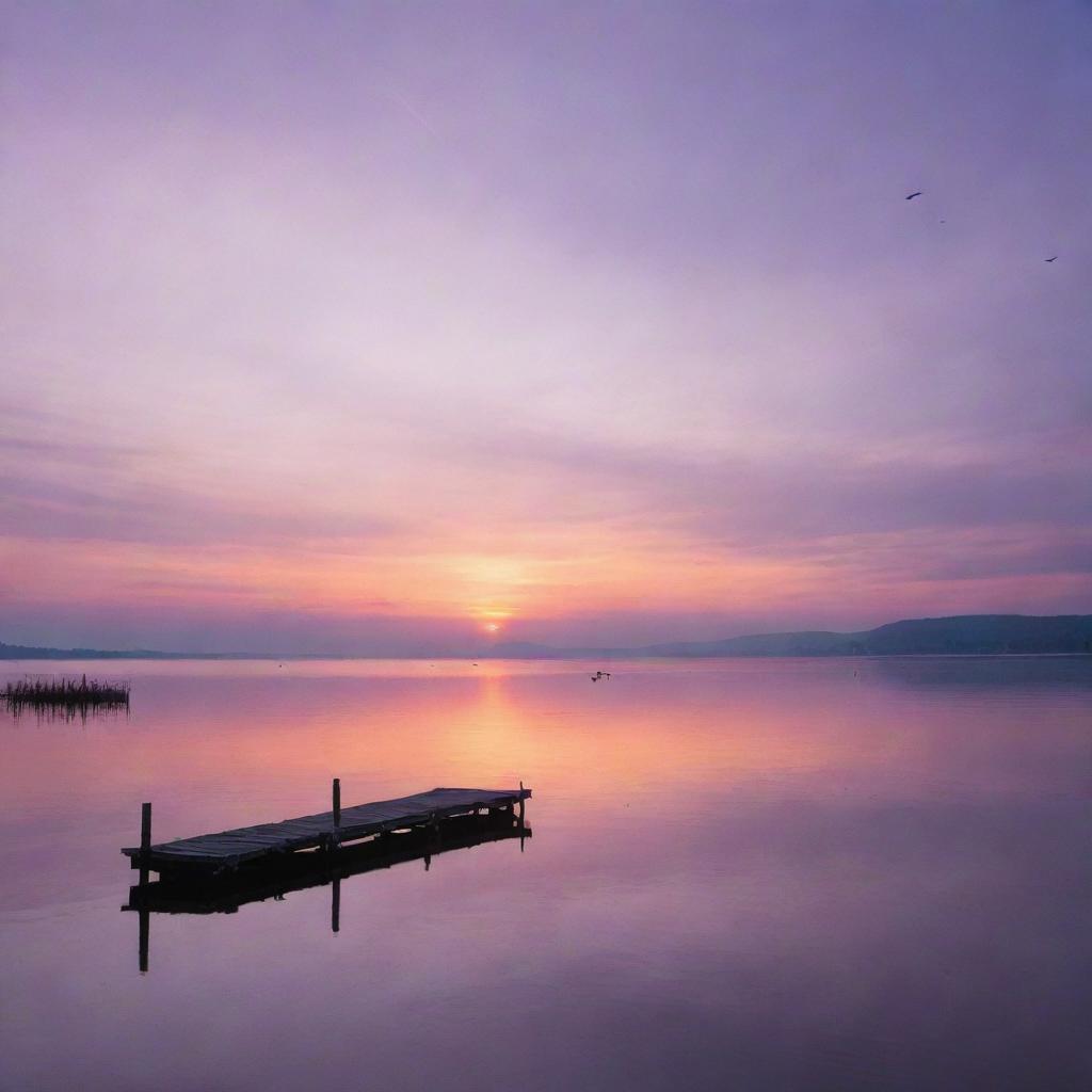 A serene scene of a sunset over a calm lake, with a solitary wooden pier jutting out into the water, birds flying back to their nests, and the sky painted with hues of orange, pink, and purple.