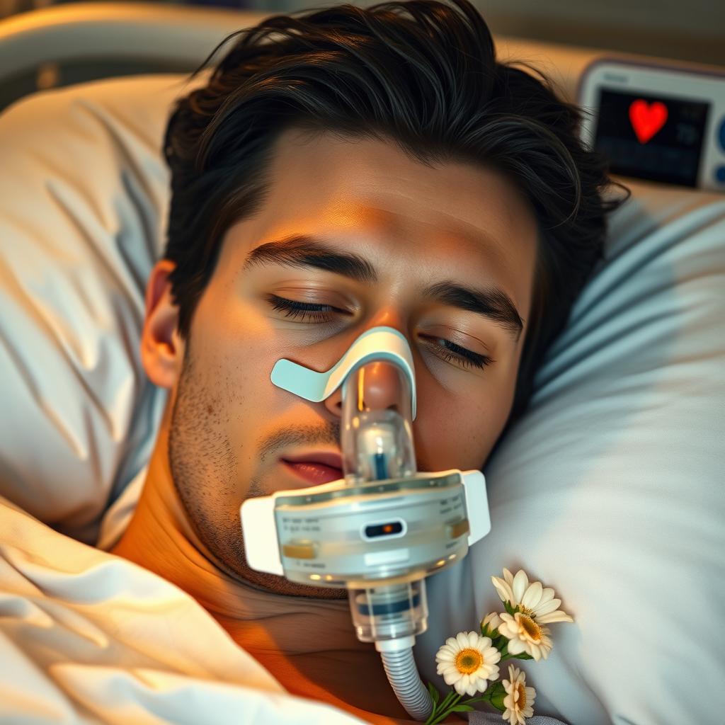 A gorgeous man with dark hair and striking blue eyes is peacefully asleep in a hospital bed, wearing an oxygen mask resting gently on his nose