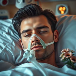 A gorgeous man with dark hair and striking blue eyes is peacefully asleep in a hospital bed, wearing an oxygen mask resting gently on his nose