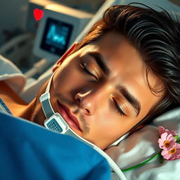 A gorgeous man with dark hair and striking blue eyes is peacefully asleep in a hospital bed, wearing an oxygen mask resting gently on his nose