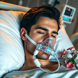 A gorgeous man with dark hair and striking blue eyes is peacefully asleep in a hospital bed, wearing an oxygen mask resting gently on his nose