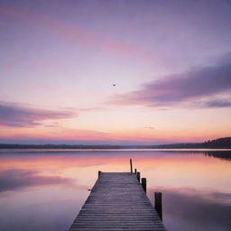 A serene scene of a sunset over a calm lake, with a solitary wooden pier jutting out into the water, birds flying back to their nests, and the sky painted with hues of orange, pink, and purple.