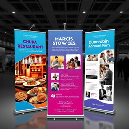 A dynamic and visually appealing trade show pull-up display featuring three key collaborators: Chupa Restaurant, Marcis School for Deaf, and Dunrobin Account Firm