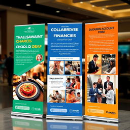 A dynamic and visually appealing trade show pull-up display featuring three key collaborators: Chupa Restaurant, Marcis School for Deaf, and Dunrobin Account Firm