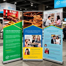 A dynamic and visually appealing trade show pull-up display featuring three key collaborators: Chupa Restaurant, Marcis School for Deaf, and Dunrobin Account Firm