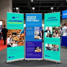 A dynamic and visually appealing trade show pull-up display featuring three key collaborators: Chupa Restaurant, Marcis School for Deaf, and Dunrobin Account Firm