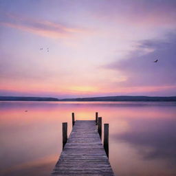 A serene scene of a sunset over a calm lake, with a solitary wooden pier jutting out into the water, birds flying back to their nests, and the sky painted with hues of orange, pink, and purple.