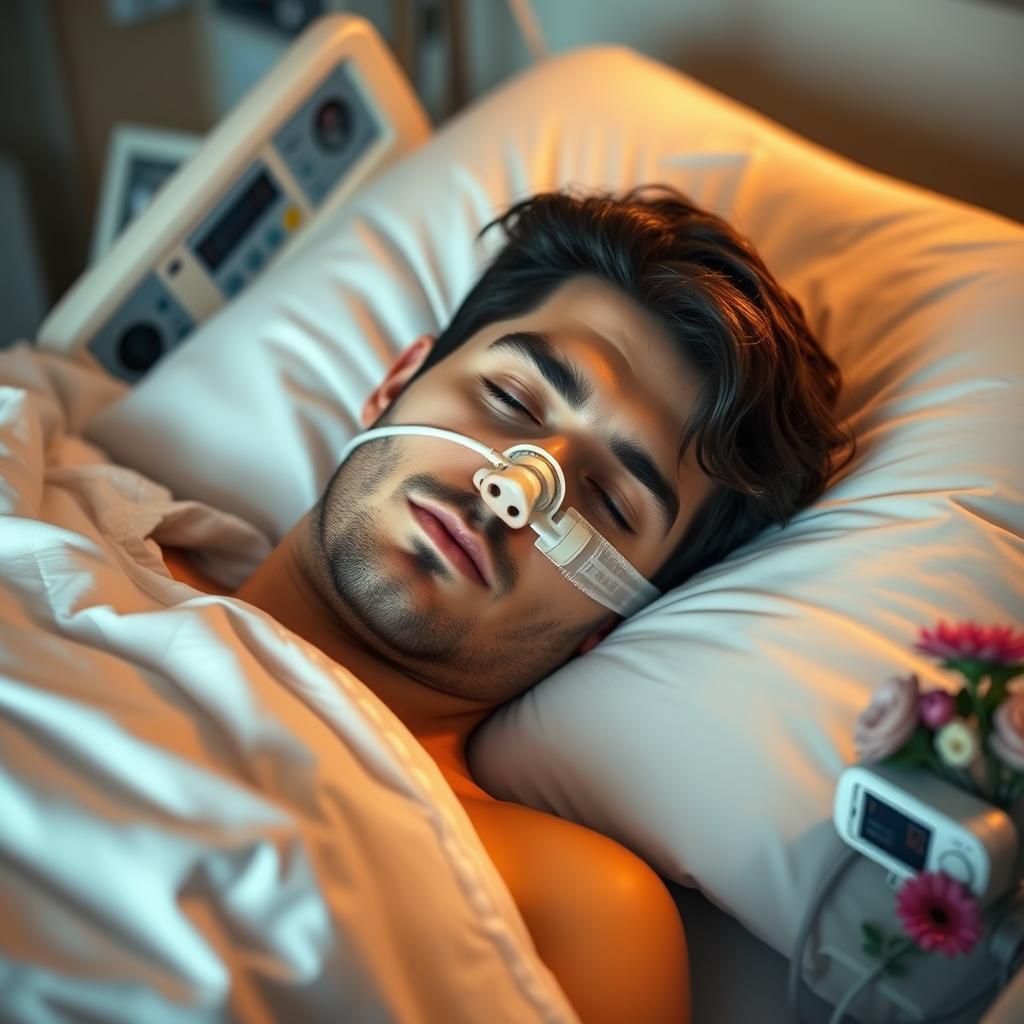 A gorgeous man with dark hair and mesmerizing blue eyes lies peacefully asleep in a hospital bed, an oxygen tube delicately resting in his nose