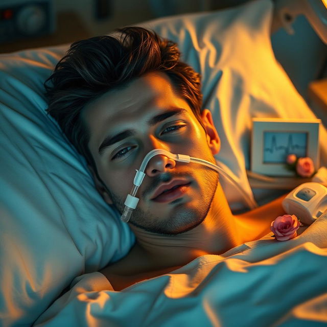 A gorgeous man with dark hair and mesmerizing blue eyes lies peacefully asleep in a hospital bed, an oxygen tube delicately resting in his nose