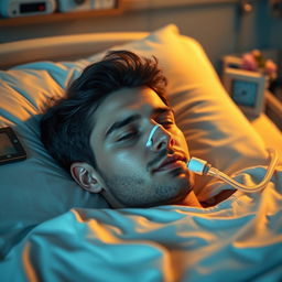 A gorgeous man with dark hair and mesmerizing blue eyes lies peacefully asleep in a hospital bed, an oxygen tube delicately resting in his nose