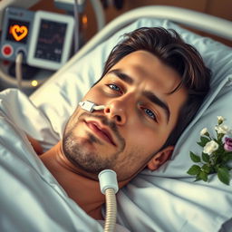 A gorgeous man with dark hair and mesmerizing blue eyes lies peacefully asleep in a hospital bed, an oxygen tube delicately resting in his nose