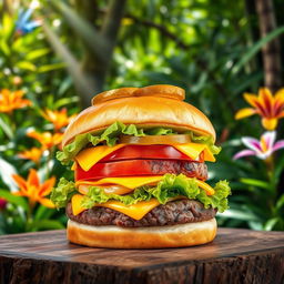 A vibrant and appetizing burger displaying a perfectly cooked juicy beef patty, topped with a slice of melting cheddar cheese, fresh crisp lettuce, ripe tomato, and tangy pickles, all in a soft, golden toasted bun