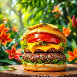 A vibrant and appetizing burger displaying a perfectly cooked juicy beef patty, topped with a slice of melting cheddar cheese, fresh crisp lettuce, ripe tomato, and tangy pickles, all in a soft, golden toasted bun