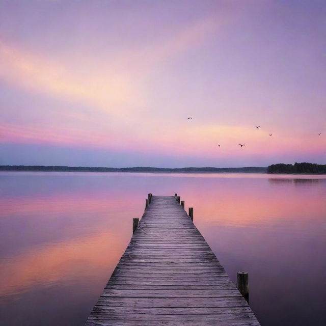 A serene scene of a sunset over a calm lake, with a solitary wooden pier jutting out into the water, birds flying back to their nests, and the sky painted with hues of orange, pink, and purple.