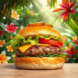 A vibrant and appetizing burger displaying a perfectly cooked juicy beef patty, topped with a slice of melting cheddar cheese, fresh crisp lettuce, ripe tomato, and tangy pickles, all in a soft, golden toasted bun