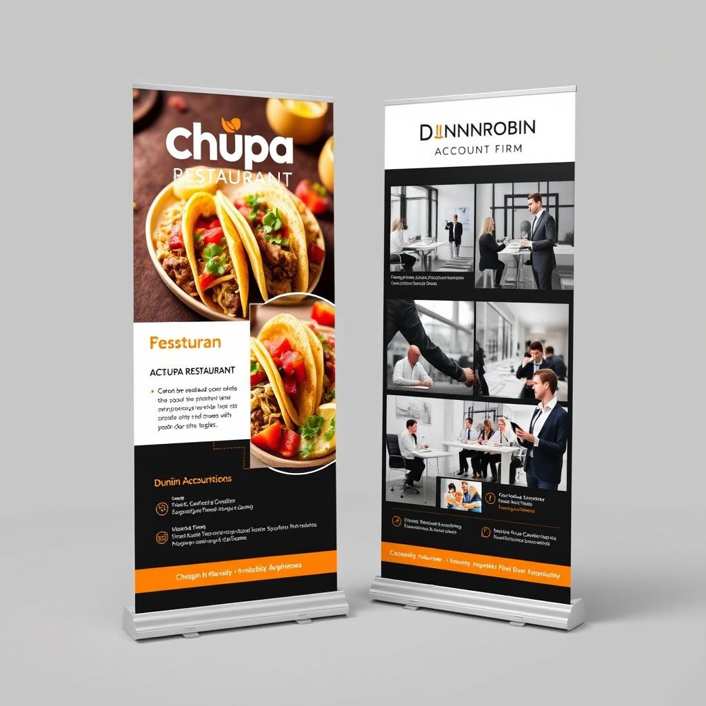 A visually engaging trade show pull-up display for Chupa Restaurant and Dunrobin Account Firm, designed to effectively showcase their unique offerings