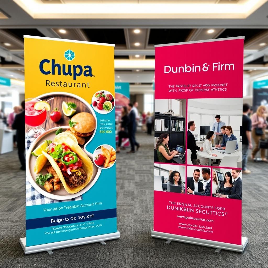 A visually engaging trade show pull-up display for Chupa Restaurant and Dunrobin Account Firm, designed to effectively showcase their unique offerings