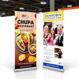 A visually engaging trade show pull-up display for Chupa Restaurant and Dunrobin Account Firm, designed to effectively showcase their unique offerings