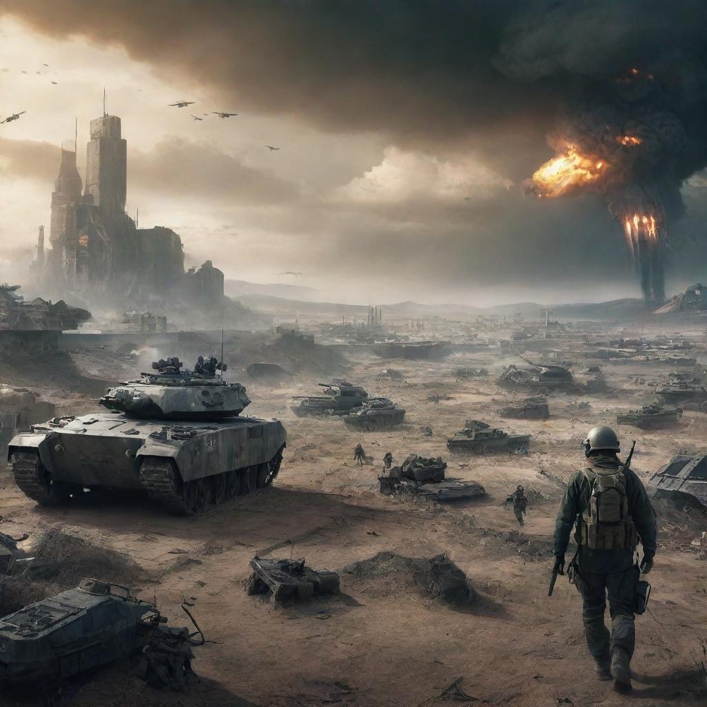 An apocalyptic scene depicting what might be World War 6, featuring high-tech warfare, futuristic weaponry, and a drastically transformed landscape.