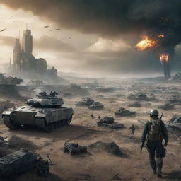 An apocalyptic scene depicting what might be World War 6, featuring high-tech warfare, futuristic weaponry, and a drastically transformed landscape.