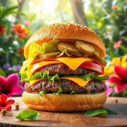 A vibrant image of a mouthwatering burger featuring a thick, juicy beef patty topped with melted cheddar cheese, fresh crisp lettuce, slices of ripe tomato, and zesty pickles, all nestled in a golden, toasted sesame seed bun