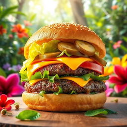 A vibrant image of a mouthwatering burger featuring a thick, juicy beef patty topped with melted cheddar cheese, fresh crisp lettuce, slices of ripe tomato, and zesty pickles, all nestled in a golden, toasted sesame seed bun