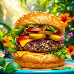 A vibrant image of a mouthwatering burger featuring a thick, juicy beef patty topped with melted cheddar cheese, fresh crisp lettuce, slices of ripe tomato, and zesty pickles, all nestled in a golden, toasted sesame seed bun