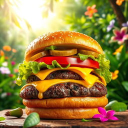 A vibrant image of a mouthwatering burger featuring a thick, juicy beef patty topped with melted cheddar cheese, fresh crisp lettuce, slices of ripe tomato, and zesty pickles, all nestled in a golden, toasted sesame seed bun