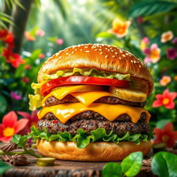 A vibrant image of a mouthwatering burger featuring a thick, juicy beef patty topped with melted cheddar cheese, fresh crisp lettuce, slices of ripe tomato, and zesty pickles, all nestled in a golden, toasted sesame seed bun