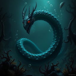 A menacing Wastrilith, resembling a sinister underwater naga, with a long, serpentine body that coils ominously through the depths