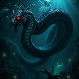 A menacing Wastrilith, resembling a sinister underwater naga, with a long, serpentine body that coils ominously through the depths