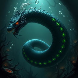 A menacing Wastrilith, resembling a sinister underwater naga, with a long, serpentine body that coils ominously through the depths