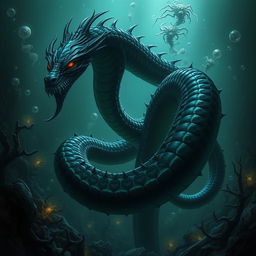 A menacing Wastrilith, resembling a sinister underwater naga, with a long, serpentine body that coils ominously through the depths