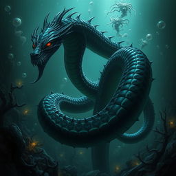 A menacing Wastrilith, resembling a sinister underwater naga, with a long, serpentine body that coils ominously through the depths