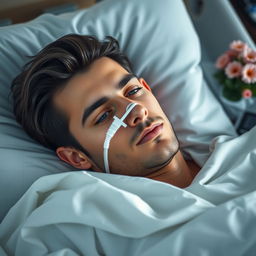 A gorgeous man with dark hair and captivating blue eyes lies asleep in a hospital bed, with an oxygen tube gently placed in his nose