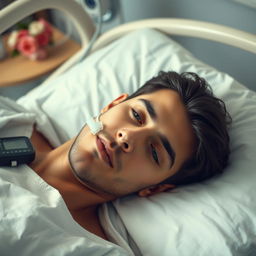 A gorgeous man with dark hair and captivating blue eyes lies asleep in a hospital bed, with an oxygen tube gently placed in his nose