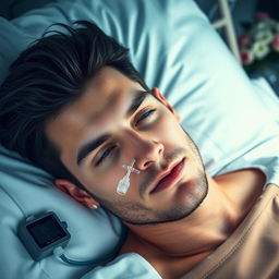 A gorgeous man with dark hair and captivating blue eyes lies asleep in a hospital bed, with an oxygen tube gently placed in his nose