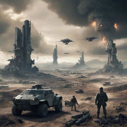 An apocalyptic scene depicting what might be World War 6, featuring high-tech warfare, futuristic weaponry, and a drastically transformed landscape.