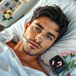 A gorgeous man with dark hair and captivating blue eyes lies asleep in a hospital bed, with an oxygen tube gently placed in his nose