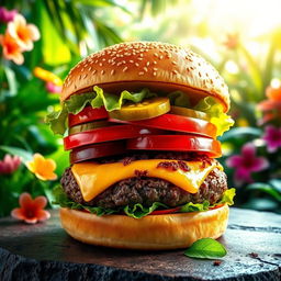 A vibrant image of a delectable burger showcasing a juicy beef patty, topped with fresh crisp lettuce, juicy tomato slices, tangy pickles, and melty cheese, all nestled in a fluffy, toasted sesame seed bun