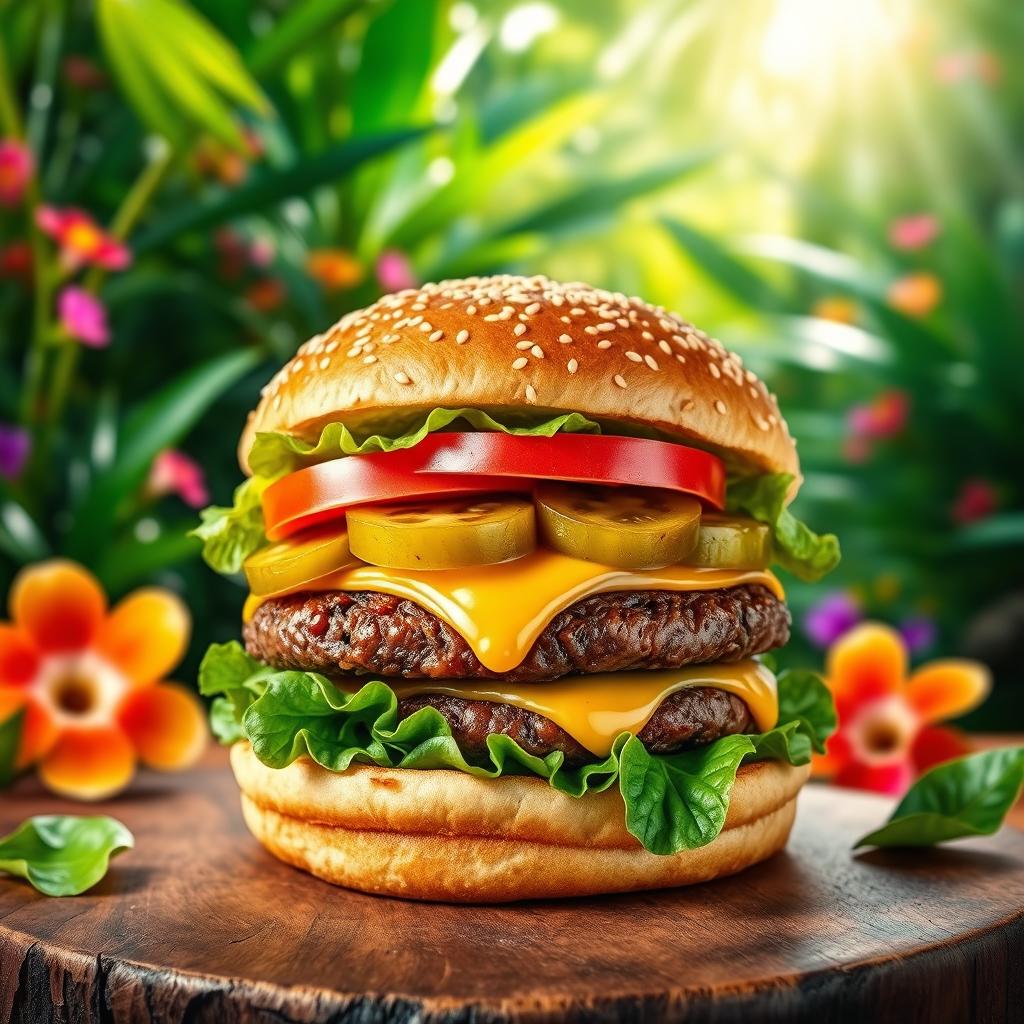 A vibrant image of a delectable burger showcasing a juicy beef patty, topped with fresh crisp lettuce, juicy tomato slices, tangy pickles, and melty cheese, all nestled in a fluffy, toasted sesame seed bun