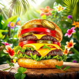 A vibrant image of a delectable burger showcasing a juicy beef patty, topped with fresh crisp lettuce, juicy tomato slices, tangy pickles, and melty cheese, all nestled in a fluffy, toasted sesame seed bun