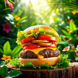 A vibrant image of a delectable burger showcasing a juicy beef patty, topped with fresh crisp lettuce, juicy tomato slices, tangy pickles, and melty cheese, all nestled in a fluffy, toasted sesame seed bun