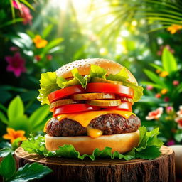 A vibrant image of a delectable burger showcasing a juicy beef patty, topped with fresh crisp lettuce, juicy tomato slices, tangy pickles, and melty cheese, all nestled in a fluffy, toasted sesame seed bun