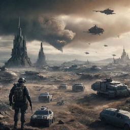 An apocalyptic scene depicting what might be World War 6, featuring high-tech warfare, futuristic weaponry, and a drastically transformed landscape.