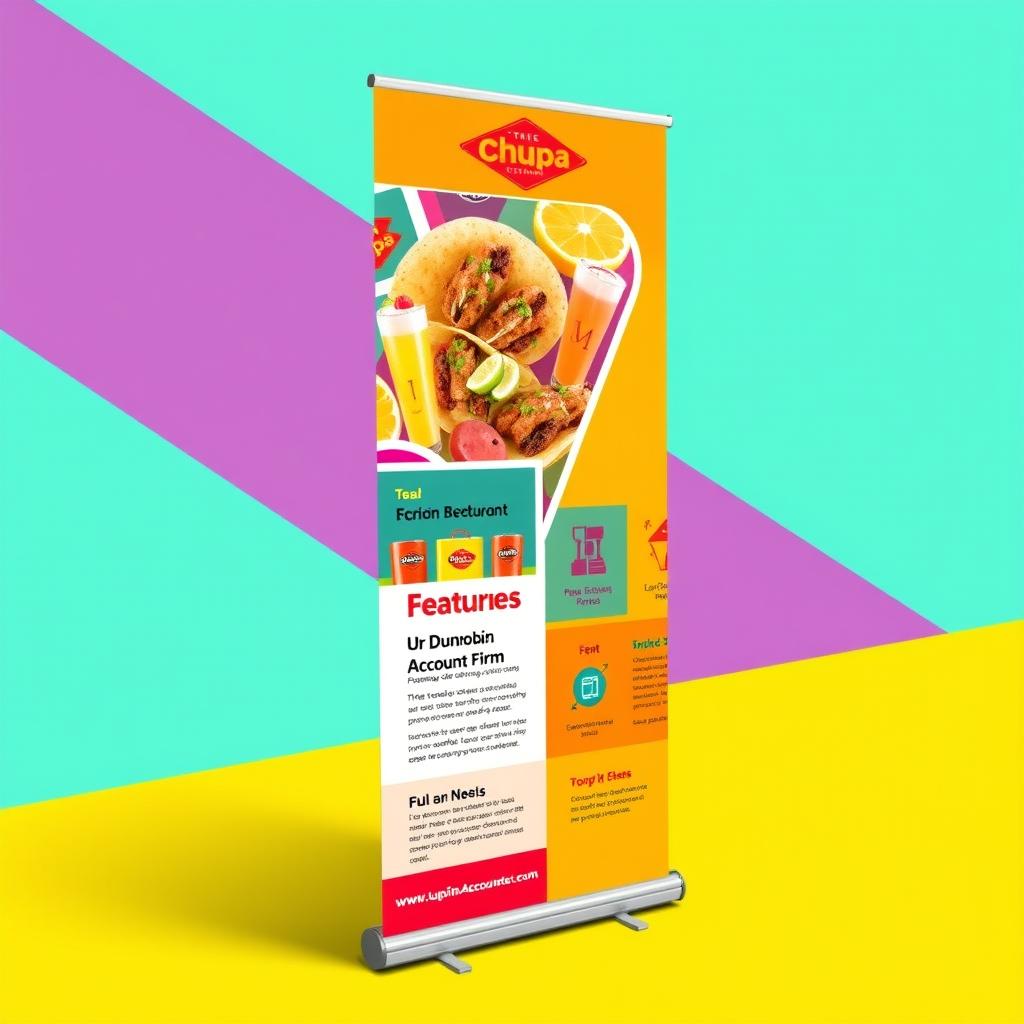 A vibrant and colorful trade show pull-up display for Chupa Restaurant and Dunrobin Account Firm, effectively showcasing the unique features of both brands