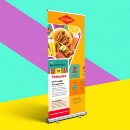 A vibrant and colorful trade show pull-up display for Chupa Restaurant and Dunrobin Account Firm, effectively showcasing the unique features of both brands