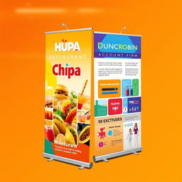 A vibrant and colorful trade show pull-up display for Chupa Restaurant and Dunrobin Account Firm, effectively showcasing the unique features of both brands