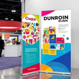 A vibrant and colorful trade show pull-up display for Chupa Restaurant and Dunrobin Account Firm, effectively showcasing the unique features of both brands