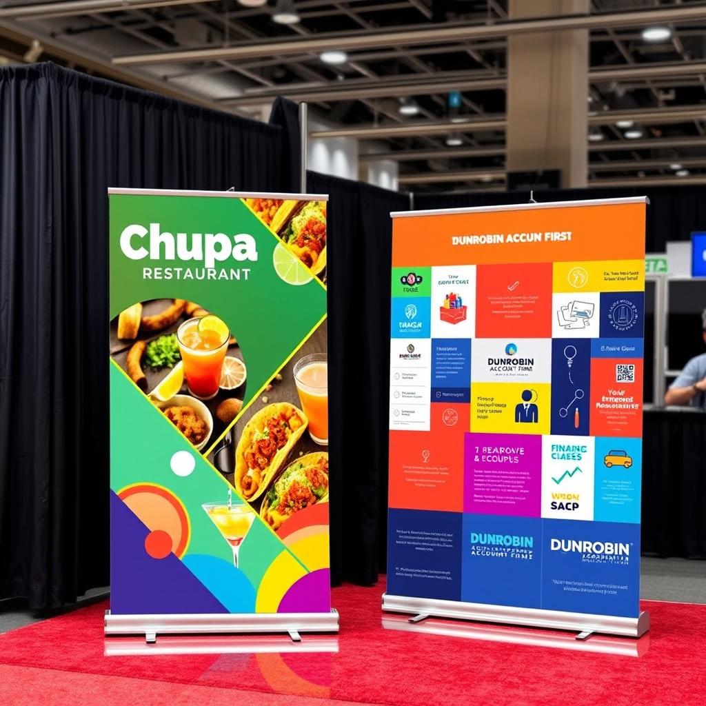 A vibrant and colorful trade show pull-up display for Chupa Restaurant and Dunrobin Account Firm, effectively showcasing the unique features of both brands